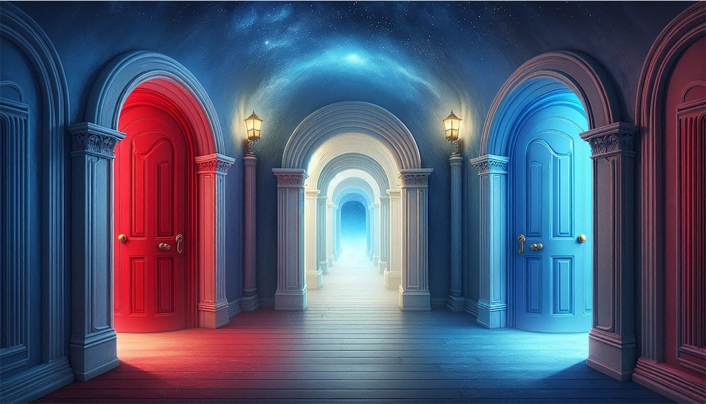 Three doors, one red, one white, one blue