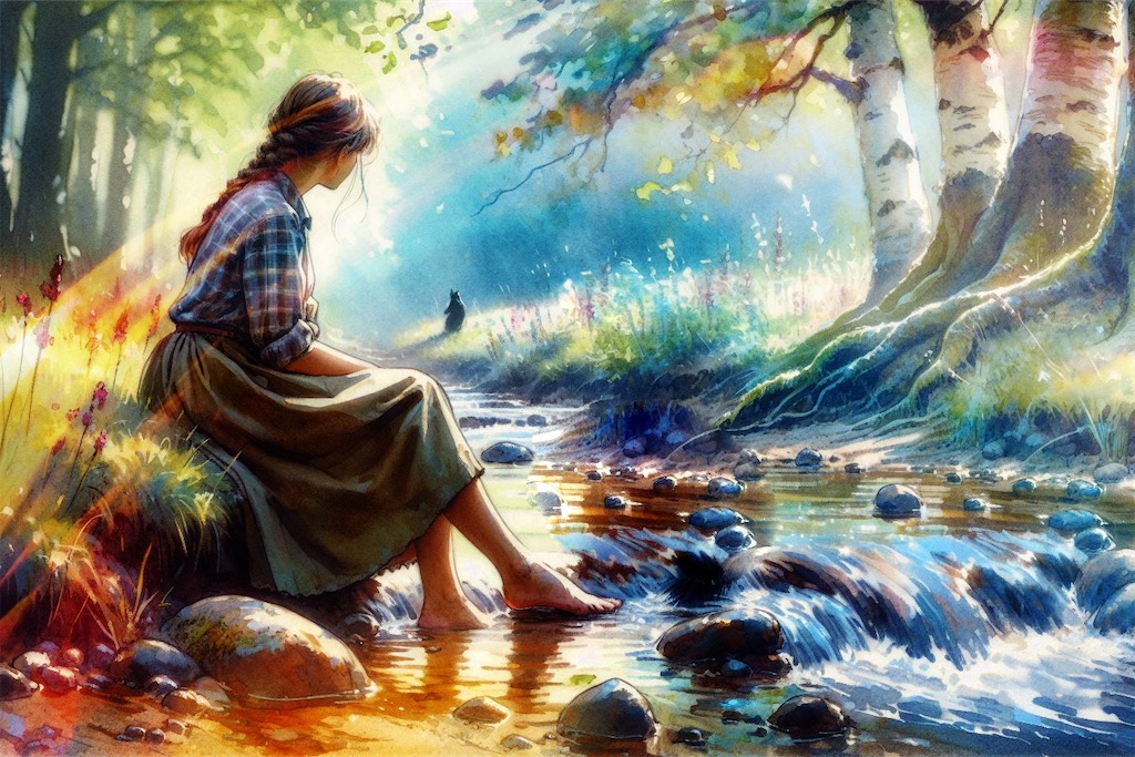 A woman by a stream with her feet in the water