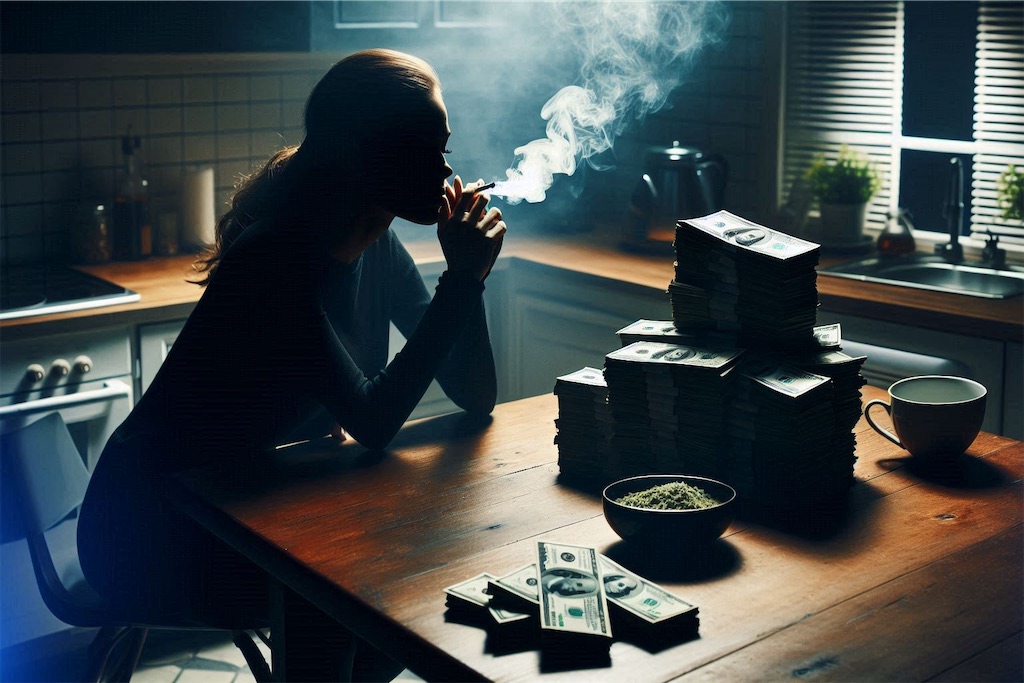 A woman sits thoughtfully at a table covered in cash