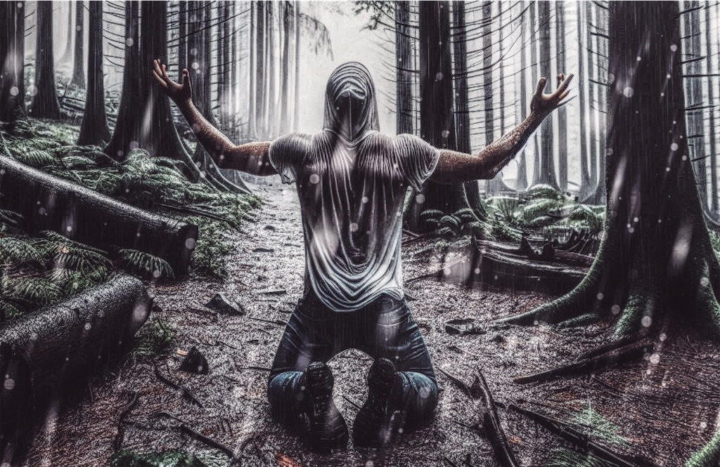 A man in the woods with his arms raised in surrender